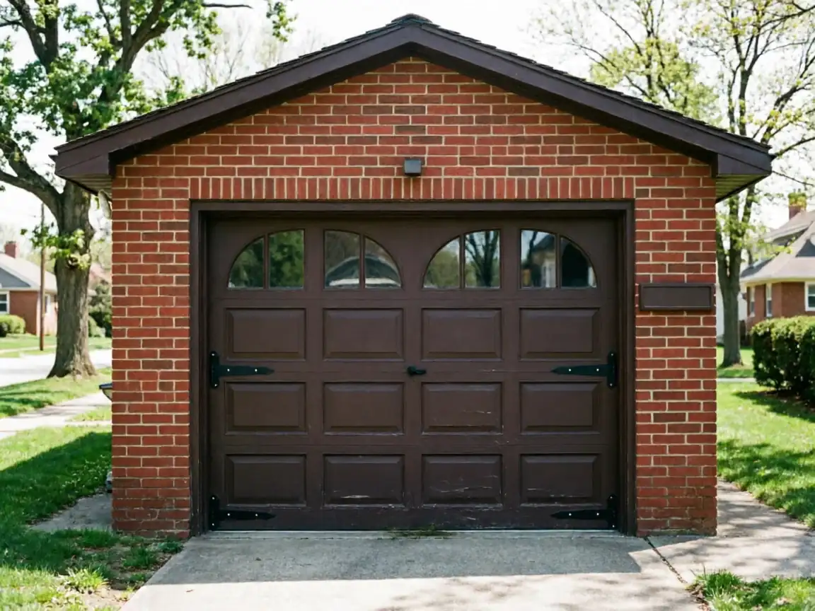 A brown garage door with arched windows is set in a red brick garage.