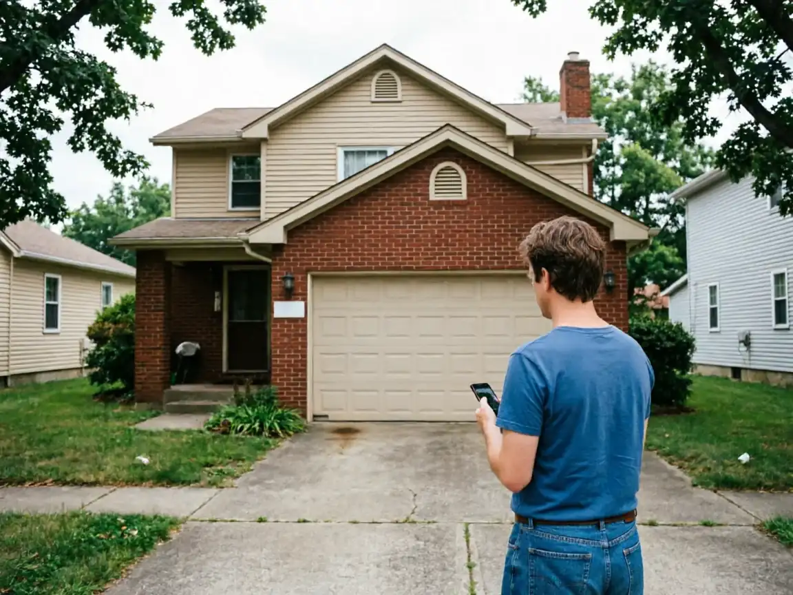 A man in a blue shirt stands in a driveway, looking at his phone.