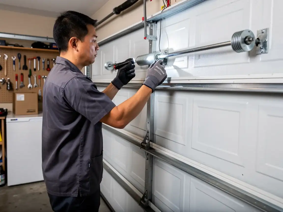 A technician shines a flashlight on a garage door torsion spring.