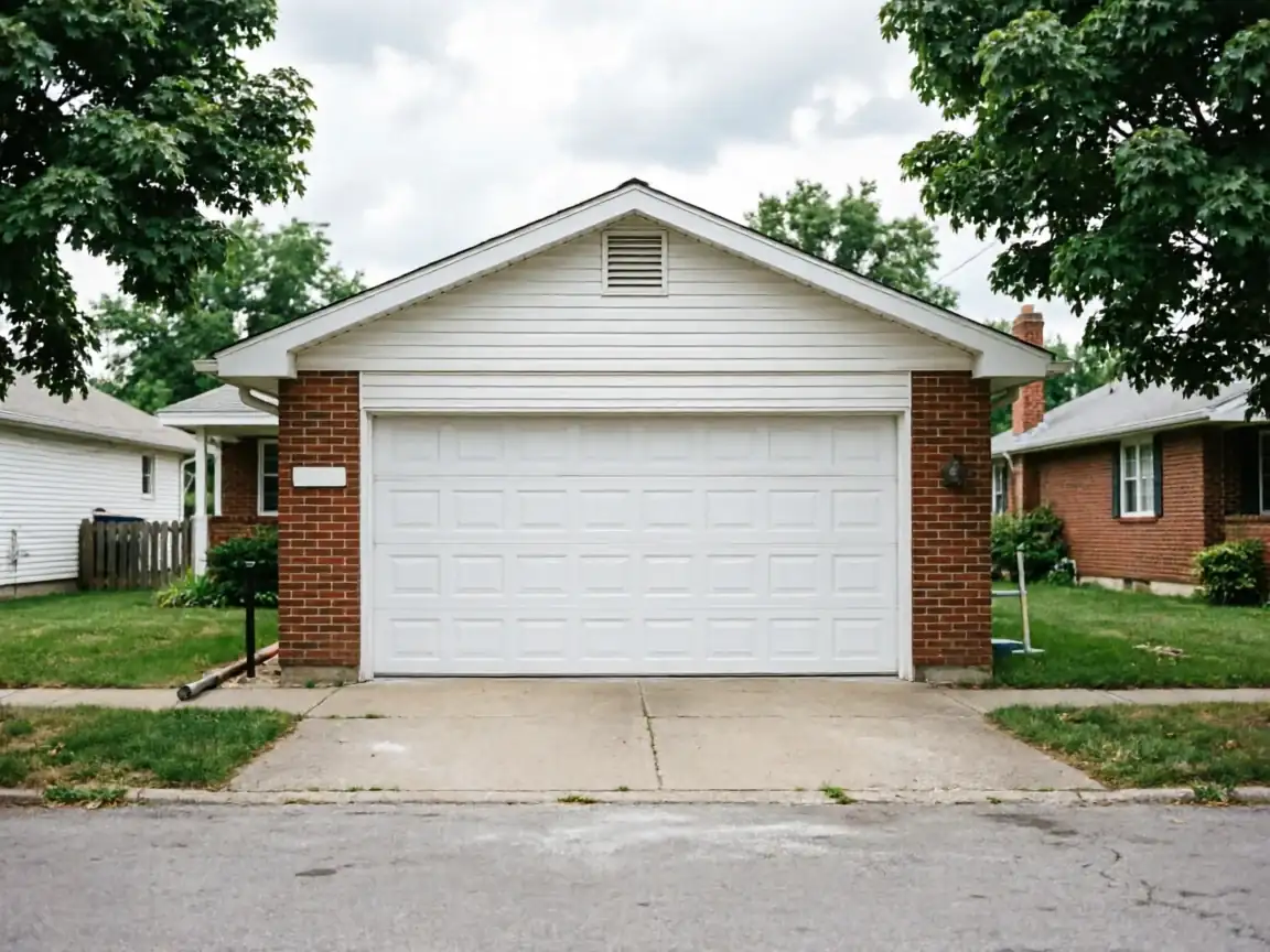 A white garage door on a brick house with white siding and a driveway.