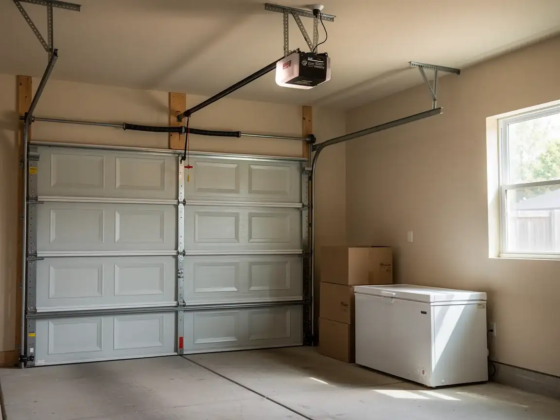 A closed white garage door with an opener and torsion springs is inside a garage.
