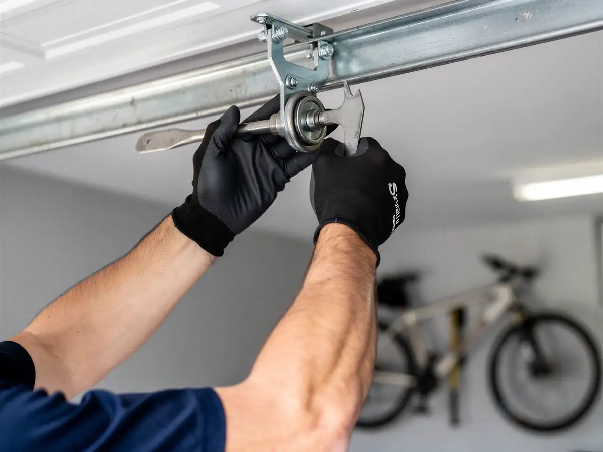 A technician in black gloves adjusts a garage door roller and track.